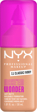 NYX Make 'Em Wonder Soft Matte podkład, Classic Ivory, w beżowej butelce z różową zakrętką, widok z przodu.