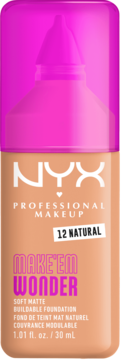 Matujący podkład NYX Make 'Em Wonder w odcieniu Natural, beżowa butelka z różową zakrętką, widok z przodu.