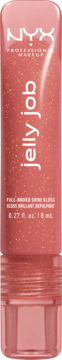 NYX Jelly Pop błyszczyk do ust w tubce, koralowy odcień z brokatem, widok z przodu z białymi napisami.
