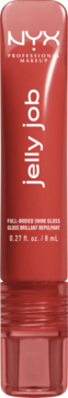 Czerwony błyszczyk NYX Jelly Job Full-Bodied Shine Gloss w błyszczącej tubce z białymi napisami, widok z przodu.