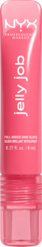 Różowy błyszczyk NYX Jelly Job Full-Bodied Shine Gloss w pionowej tubce, z białymi napisami.