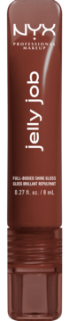 Błyszczyk NYX Jelly Job Full-Bodied Shine w brązowym odcieniu Jellybean, widok z przodu błyszczącej tubki 8 ml.