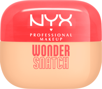 Puder NYX Wonder Snatch Peach Posse, wygładzający, dwukolorowe opakowanie w koralu i beżu, widok z przodu.