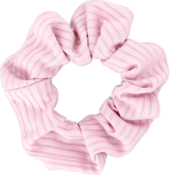 Eloy scrunchie róż. Miękka, prążkowana gumka do włosów w jasnym odcieniu różu, widok z przodu.
