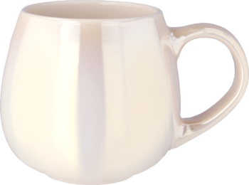 Perłowy kubek ceramiczny Eloy beczułka, z tęczowym połyskiem, gładki, z uchwytem, widok z przodu.