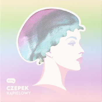 Eloy czepek kąpielowy. Pastelowa ilustracja kobiety z profilu w teksturowanym czepku na barwnym tle.