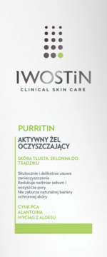 Iwostin Purritin Aktywny żel oczyszczający, białe pudełko z zielonym paskiem, front, cera tłusta.