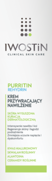 Iwostin Purritin Rehydrin krem nawilżający, białe opakowanie z zielonymi napisami, widok z przodu.