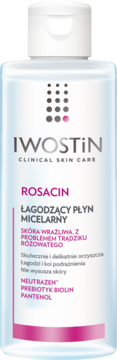 IWOSTIN Rosacin Łagodzący Płyn Micelarny, biała butelka, do skóry z trądzikiem różowatym, widok z przodu.