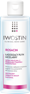 IWOSTIN Rosacin Łagodzący Płyn Micelarny, biała butelka, do skóry z trądzikiem różowatym, widok z przodu.