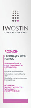 IWOSTIN Rosacin Łagodzący Krem na noc w biało-różowym pudełku, do cery z trądzikiem różowatym, widok z przodu.