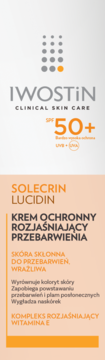 Biało-pomarańczowe opakowanie kremu Iwostin Solecrin Lucidin SPF 50+ rozjaśniającego przebarwienia, widok z przodu.