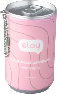 Różowa puszka Eloy z chusteczkami nawilżanymi, z beżowymi liniami, pull-tabem i brelokiem, widok pod kątem.