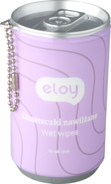 Chusteczki nawilżane Eloy w lawendowej puszce z pull-tab i srebrną zawieszką, widok z przodu.