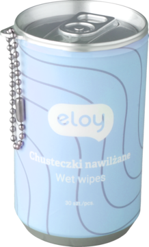 Jasnoniebieska puszka Eloy z chusteczkami nawilżanymi, z falistym wzorem, srebrnym łańcuszkiem, widok z przodu.