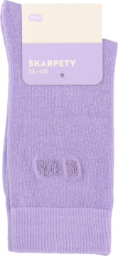 Front view of folded Eloy light purple cotton women's socks (35-40) with a product tag and knitted detail.