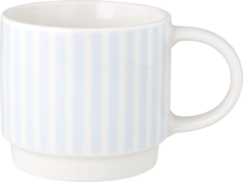 Eloy kubek błękitny z białymi pionowymi paskami, ceramiczny, uchwyt po prawej, widok z przodu.