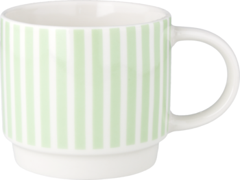 Eloy kubek matcha, biały ceramiczny kubek z delikatnymi zielonymi pionowymi paskami. Widok z boku.