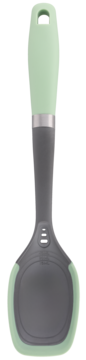 Wielofunkcyjna szpatułka kuchenna miętowo-zielona i szara, z miękkim uchwytem i oczkiem do zawieszenia, widok z przodu.