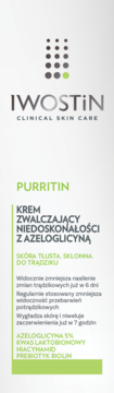 Iwostin Purritin krem z azeloglicyną do cery tłustej, biała butelka z zielonymi elementami, z przodu.