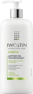 Iwostin Purritin Aktywny żel oczyszczający do cery tłustej i trądzikowej, biała butelka z pompką, widok z przodu.