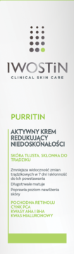 IWOSTIN Purritin aktywny krem redukujący niedoskonałości, opakowanie z zielonymi napisami.