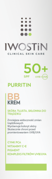 Iwostin Purritin BB Krem SPF 50+ do cery tłustej i trądzikowej, białe opakowanie z zielonymi akcentami, widok z przodu.