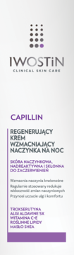 Iwostin Capillin regenerujący krem wzmacniający naczynka na noc, biało-fioletowe opakowanie, widok z przodu.