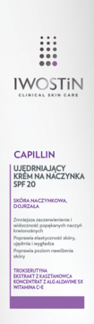 Biało-szare opakowanie kremu IWOSTIN Capillin Ujędrniający na naczynka SPF 20, z fioletowymi napisami, widok z przodu.