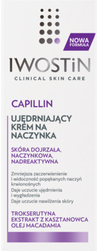 Iwostin Capillin Ujędrniający Krem na Naczynka w białym opakowaniu z fioletowym napisem, widok z przodu, etykieta 'Nowa Formuła'.