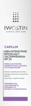 Iwostin Capillin Krem na zaczerwienienia SPF 20, biało-fioletowe opakowanie stojące pionowo, widok z przodu.