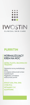Iwostin Purritin normalizujący krem na noc dla skóry trądzikowej, białe pudełko z zielonymi akcentami, widok z przodu.