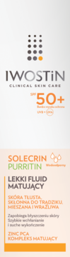 Frontowe opakowanie Iwostin Solecrin Purritin, lekki fluid matujący SPF 50+ do cery tłustej i wrażliwej.