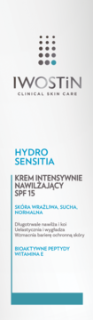 Iwostin Hydro Sensitia intensywnie nawilżający krem SPF 15, białe opakowanie z turkusowym paskiem, przód.