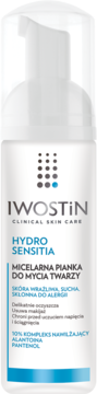 Iwostin Hydro Sensitia micelarna pianka do twarzy w białej butelce z pompką, widok z przodu.