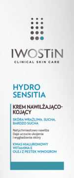 Opakowanie kremu Iwostin Hydro Sensitia nawilżająco-kojącego dla skóry wrażliwej, z kwasem hialuronowym, widok z przodu.