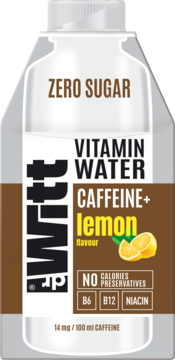 DR Witt Vitamin Water Caffeine+ Lemon, zero sugar, biało-brązowy karton, widok z przodu, bez konserwantów.