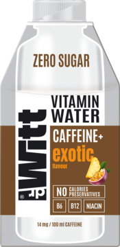 DR Witt Vitamin Water Caffeine+ Exotic, zero cukru, z kofeiną, opakowanie kartonowe biało-brązowe, widok z przodu.