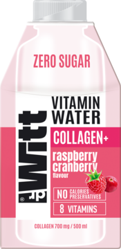 Dr. Witt Vitamin Water Collagen+ raspberry cranberry, zero sugar, 700mg collagen, pink bottle, front view.