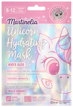 Różowa Martinelia Unicorn Hydrating Mask dla dzieci, holograficzne opakowanie z grafiką jednorożca, widok z przodu.