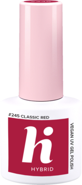 Hi Hybrid #245 Classic Red Vegan UV Gel Polish w białej butelce z czerwoną etykietą, widok z przodu.