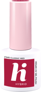 Hi Hybrid #245 Classic Red Vegan UV Gel Polish w białej butelce z czerwoną etykietą, widok z przodu.