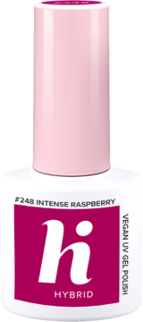 Biała butelka lakieru hybrydowego Hi #248 Intense Raspberry, z różową zakrętką i etykietą.
