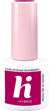 Biała butelka lakieru hybrydowego Hi #248 Intense Raspberry, z różową zakrętką i etykietą.