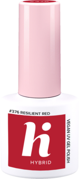 Hi Hybrid #376 Resilient Red Vegan UV Gel Polish in a white bottle with pink cap, red label and stylized logo, front view.