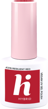 Hi Hybrid #376 Resilient Red Vegan UV Gel Polish in a white bottle with pink cap, red label and stylized logo, front view.