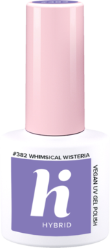 Lakier hybrydowy hi Hybrid #382 Whimsical Wisteria, delikatny pastelowy fiolet, biała butelka z przodu.