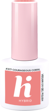 Lakier hybrydowy Hi Hybrid #377 Courageous Coral, soczysty koral w białej butelce z różową nakrętką.