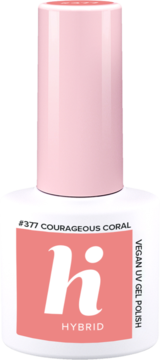 Lakier hybrydowy Hi Hybrid #377 Courageous Coral, soczysty koral w białej butelce z różową nakrętką.