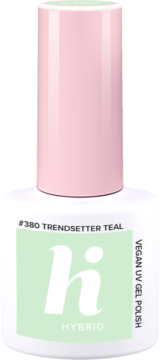 Lakier hybrydowy Hi #380 Trendsetter Teal, wegański UV żel, biała butelka z miętową etykietą, widok z przodu.